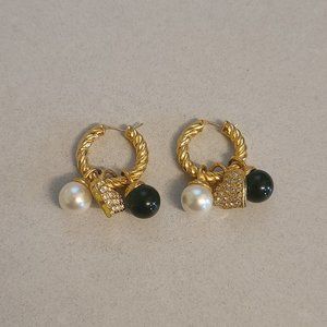 NWOT Gold Colored Hoop Earrings with Heart & Pearl Attachments